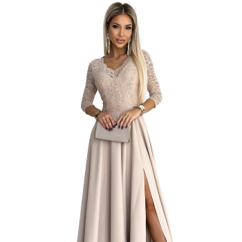 309-10 AMBER koronkowa elegancka długa suknia z dekoltem i rozcięciem na nogę - BEŻOWA-9