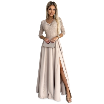 309-10 AMBER koronkowa elegancka długa suknia z dekoltem i rozcięciem na nogę - BEŻOWA-8