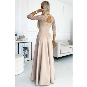 309-10 AMBER koronkowa elegancka długa suknia z dekoltem i rozcięciem na nogę - BEŻOWA-3