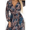 520-2 Plisowana szyfonowa długa sukienka z dekoltem, długim rękawkiem i szerokim paskiem - NIEBIESKO-BEŻOWE liście-6