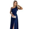 528-1 Długa połyskująca suknia na jedno ramię z kokardą - GRANATOWA-8