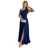 528-1 Długa połyskująca suknia na jedno ramię z kokardą - GRANATOWA-7