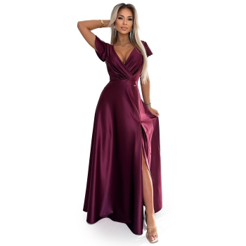 411-10 CRYSTAL satynowa długa suknia z dekoltem - BORDOWA-7