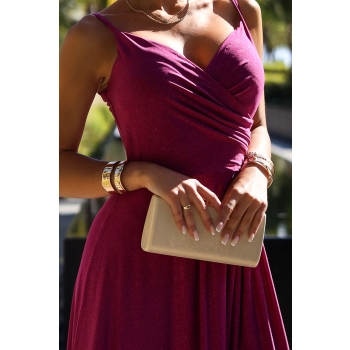 299-19 CHIARA elegancka maxi długa suknia na ramiączkach - FUKSJA Z BROKATEM-7