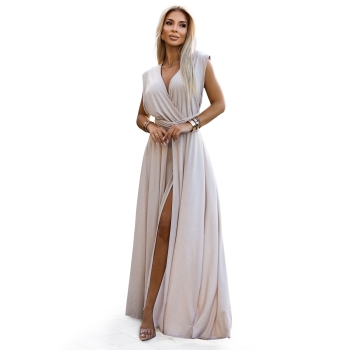 509-2 Elegancka długa suknia wiązana na wiele sposobów - BEŻOWA z brokatem-9